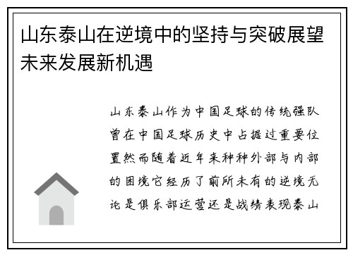 山东泰山在逆境中的坚持与突破展望未来发展新机遇