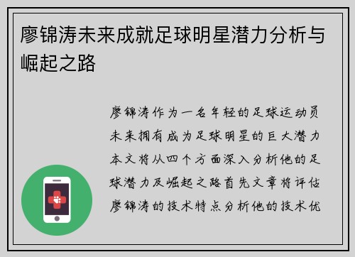 廖锦涛未来成就足球明星潜力分析与崛起之路